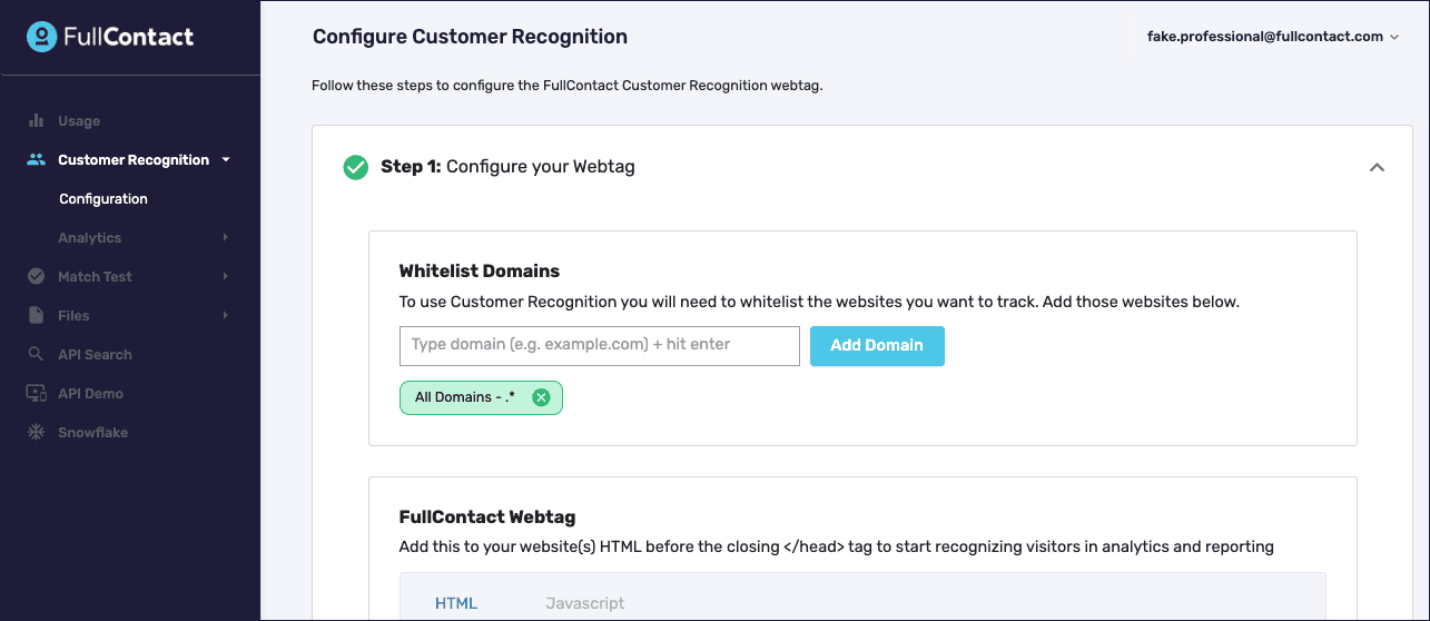 A screenshot of Acumen's configuration page with Configure your Webtag expanded, showing confirmation that all domains are whitelisted.