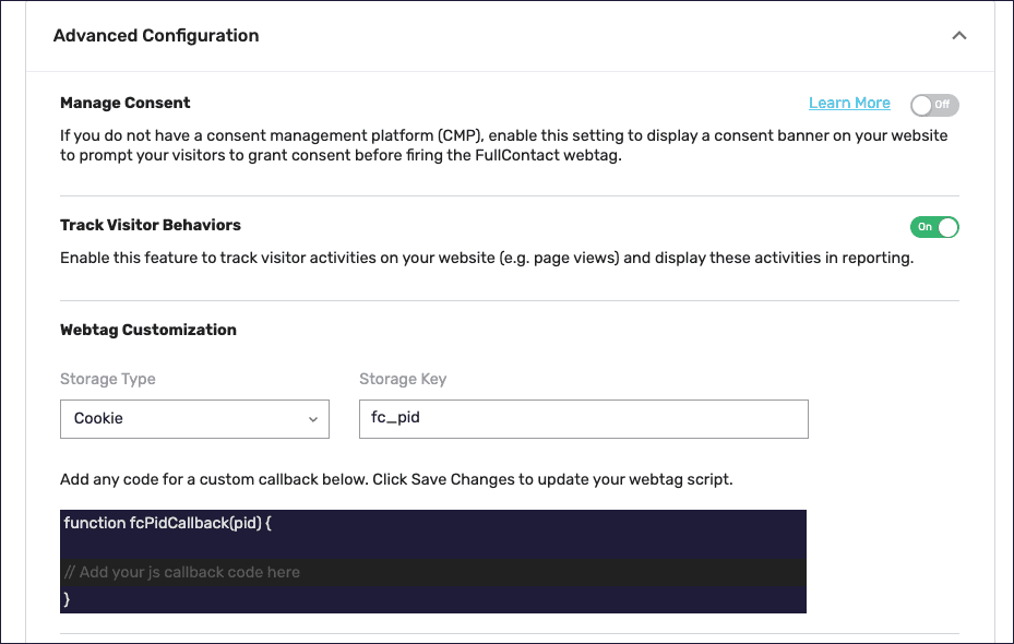 Screenshot of Acumen Advanced Configuration with on/off toggle option to track visitor behaviors on your website.